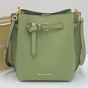 Michael Kors Emilia Small Bucket Bag Messenger Leather Light Sage